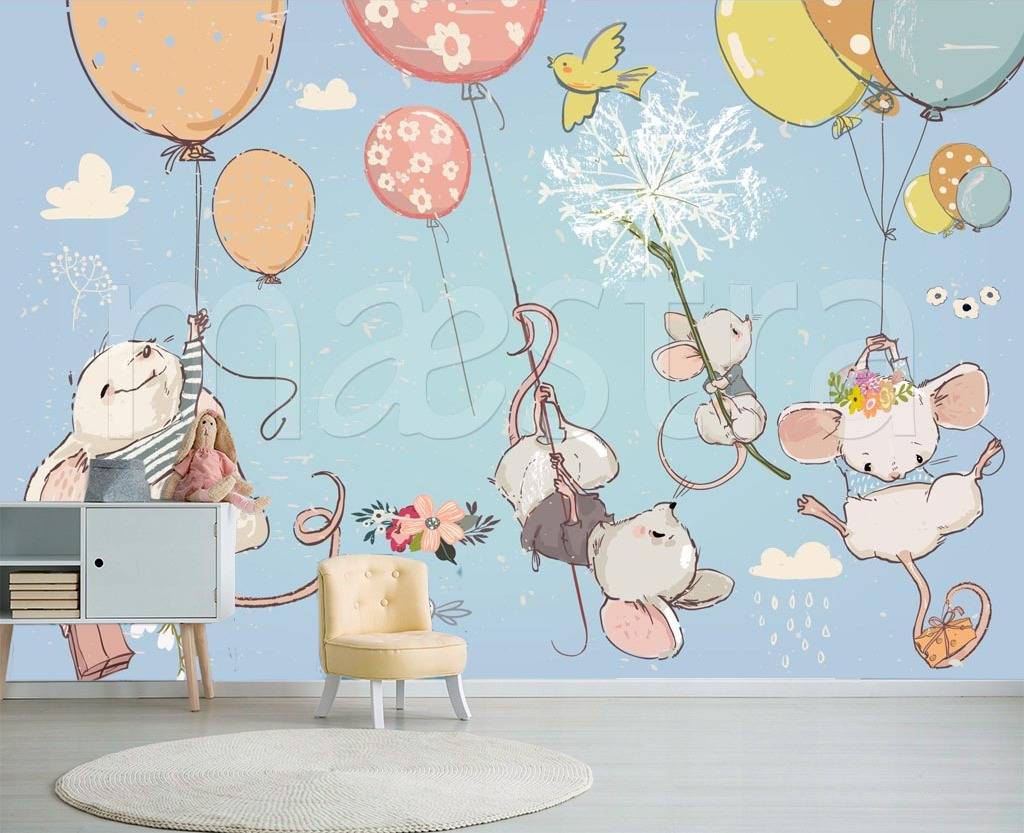 Фотообои Мыши на шарах на голубом фоне  12-337