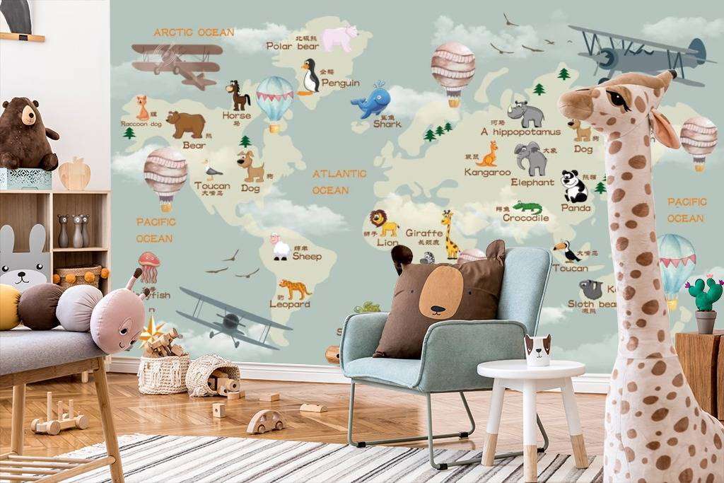 Фотообои в интерьере карта мира с животными и самолетами  15-315 фото