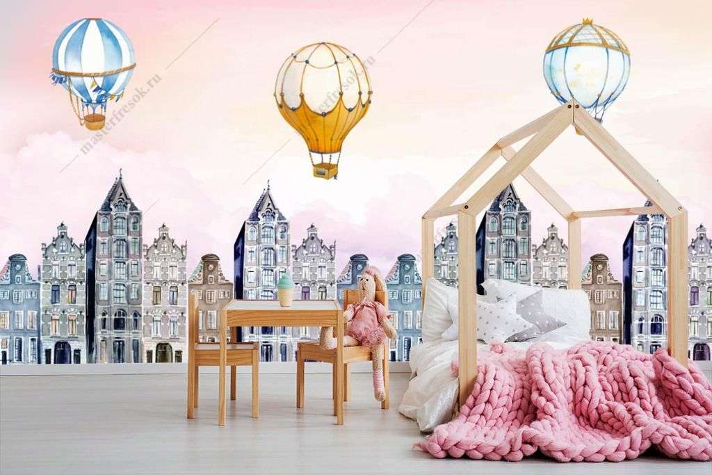 Фотообои в интерьере воздушные шарики над городом  14-258 фото