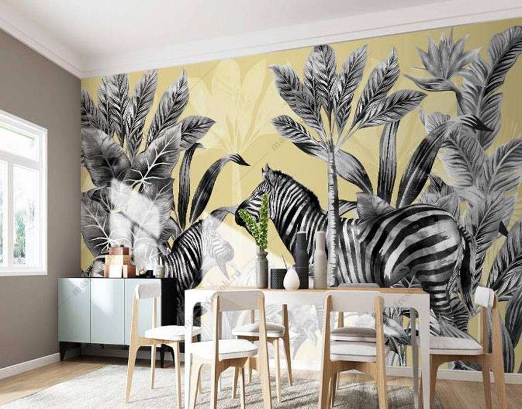 Фотообои в интерьере зебры в тропиках  16-126 фото