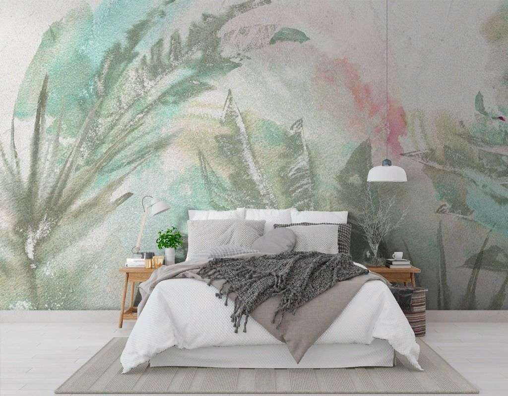 Фотообои в интерьере листья акварель  9-1985 фото