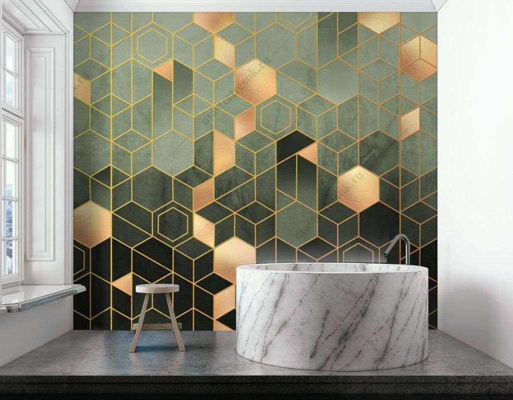 Фотообои в интерьере геометрия шестиугольники золотые  9-1511 фото