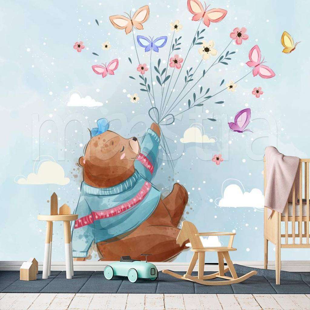 Фотообои в интерьере мишка с бабочками  12-471 фото
