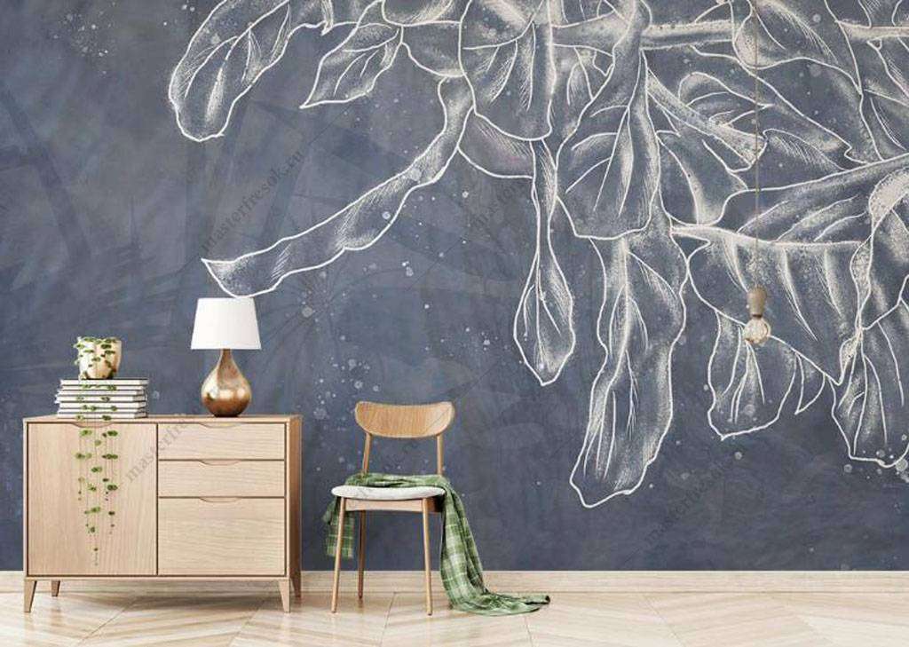 Фотообои в интерьере листья мелом  15-972 фото