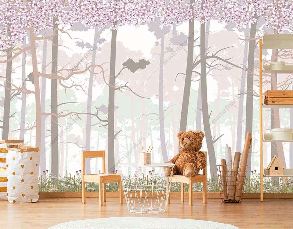 Фотообои в интерьере цветение сакуры в сказочном лесу  14-458 фото