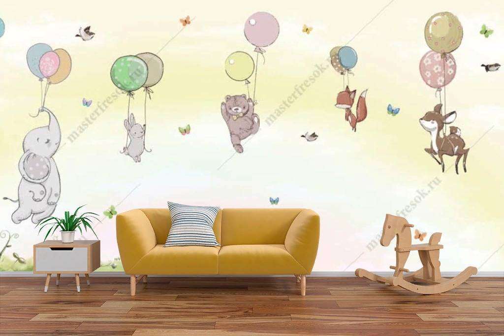 Фотообои в интерьере милые зверята на воздушном шаре  12-1203 фото