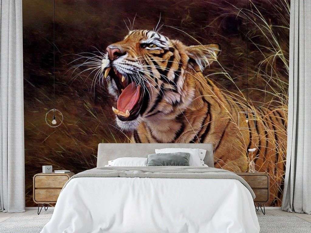 Фотообои в интерьере ревущий тигр  17-4420 фото