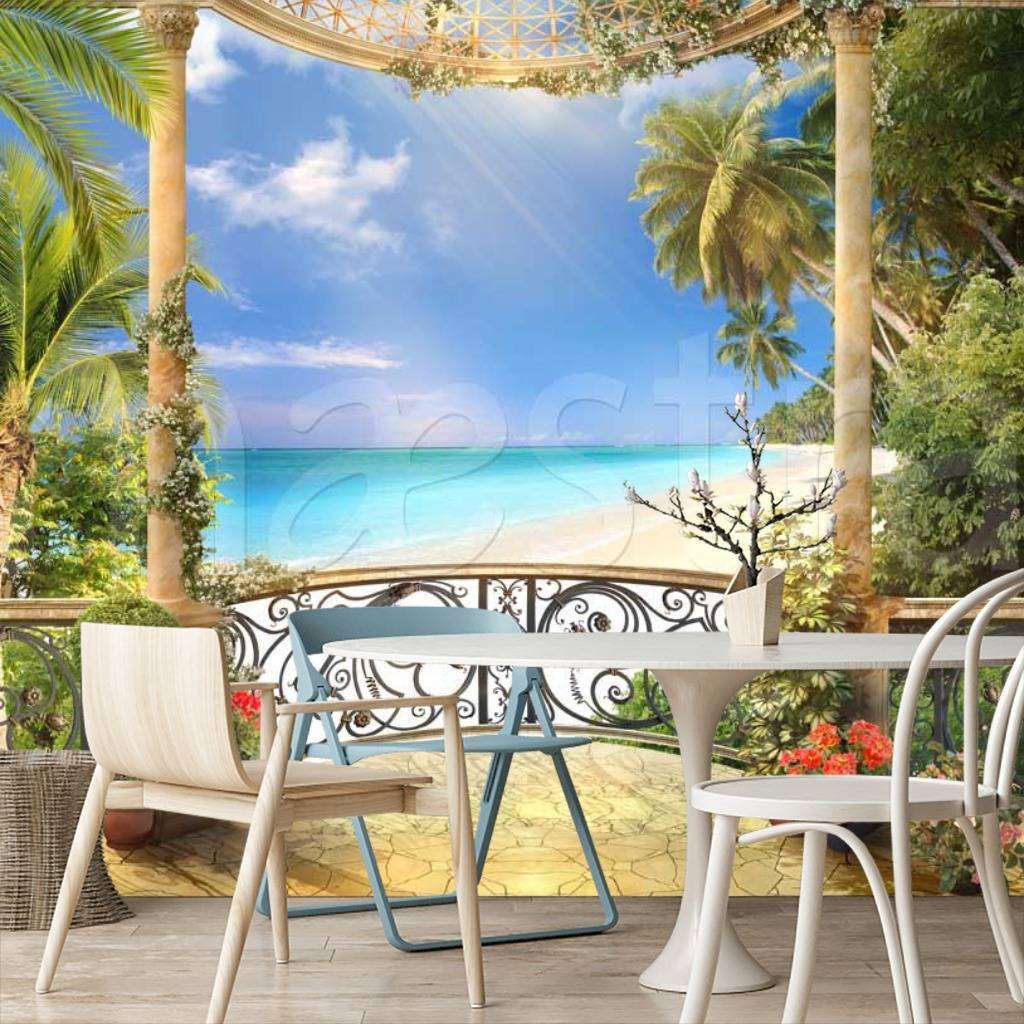 Фотообои в интерьере терраса с видом на красивое лазурное море  11-180 фото