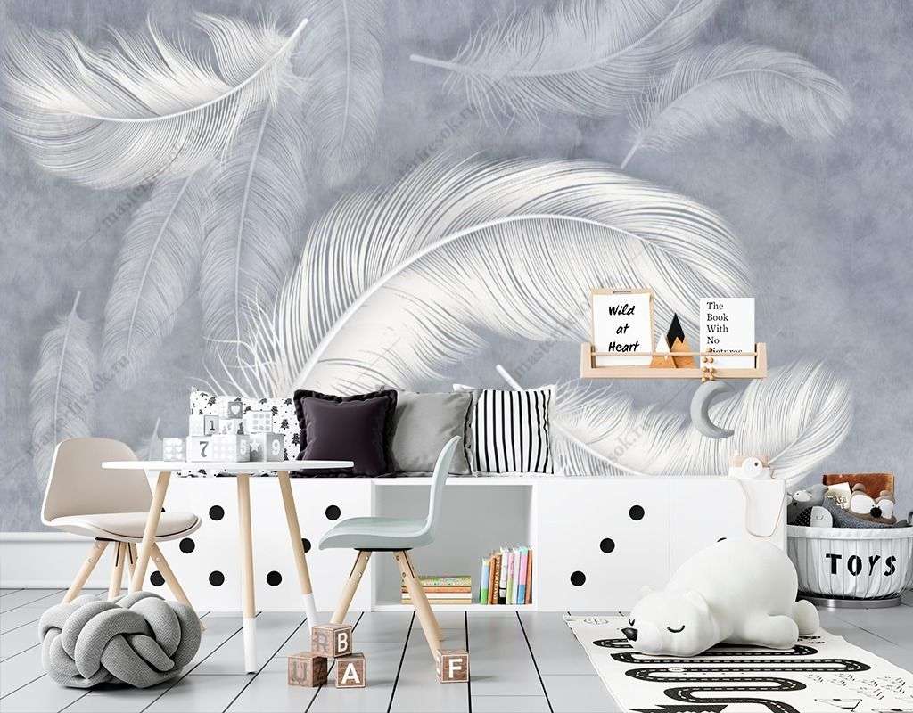 Фотообои в интерьере перышки на сером фоне  14-367 фото