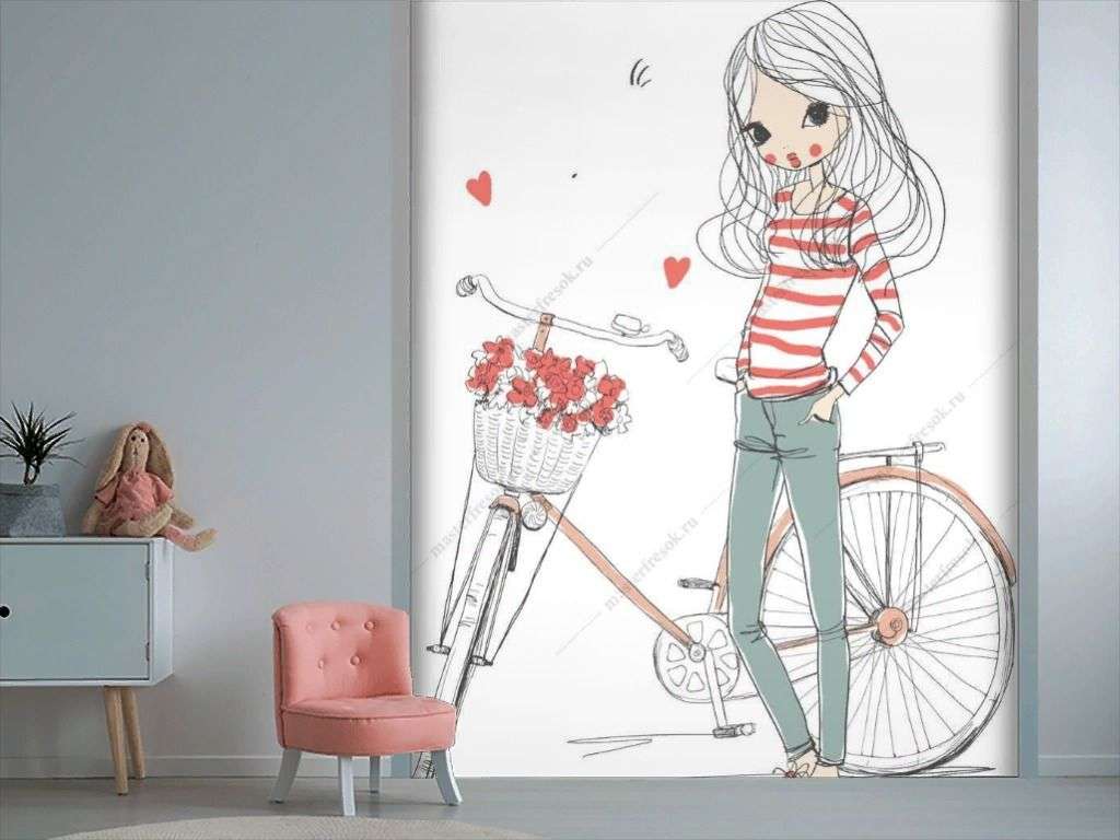 Фотообои в интерьере девушка с велосипедом  12-1247 фото
