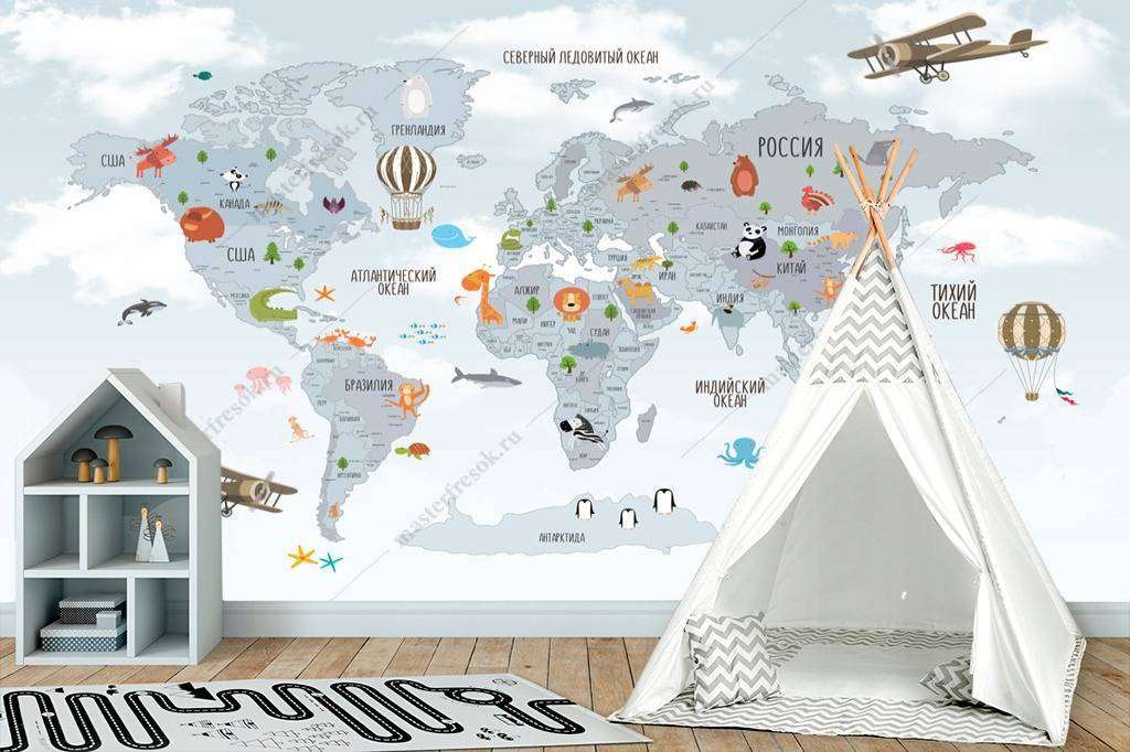 Фотообои в интерьере карта мира детская с самолетами  12-968 фото