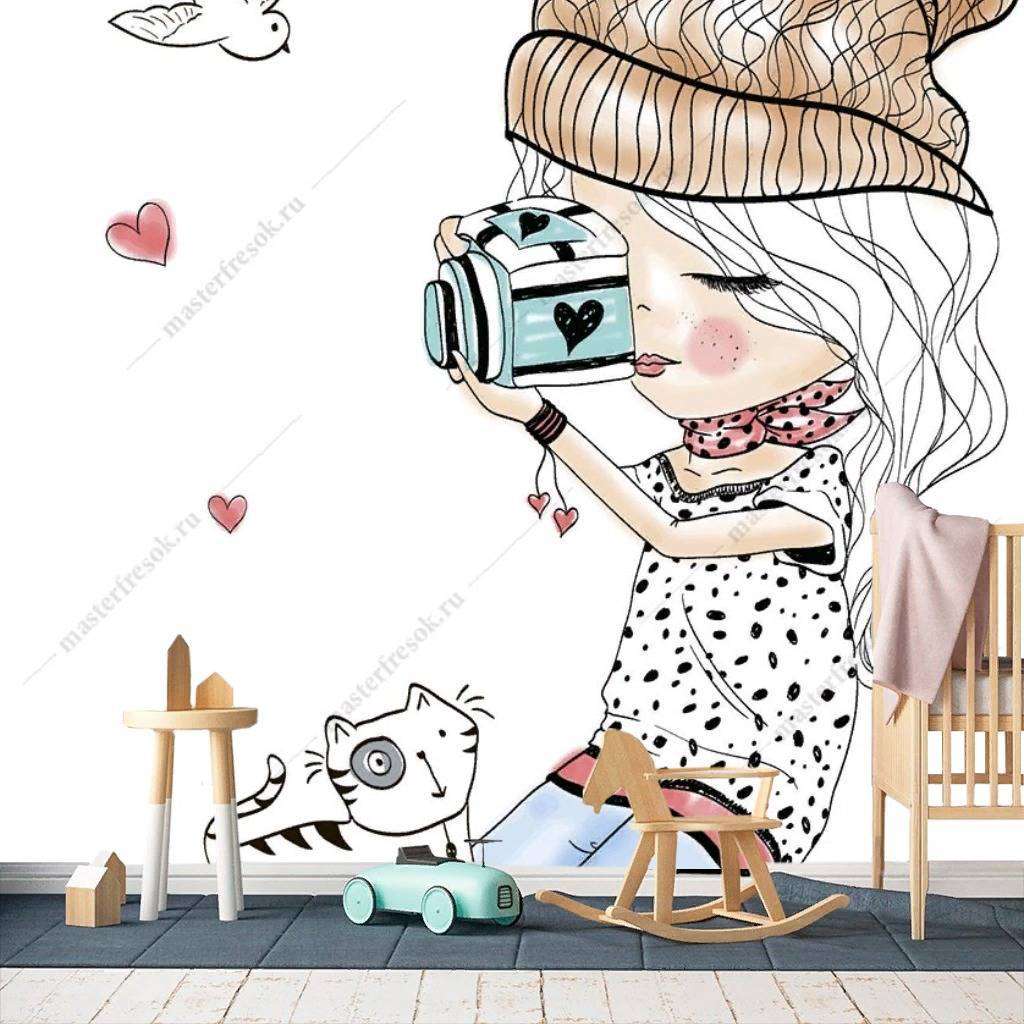 Фотообои в интерьере девочка с фотоаппаратом  12-1128 фото