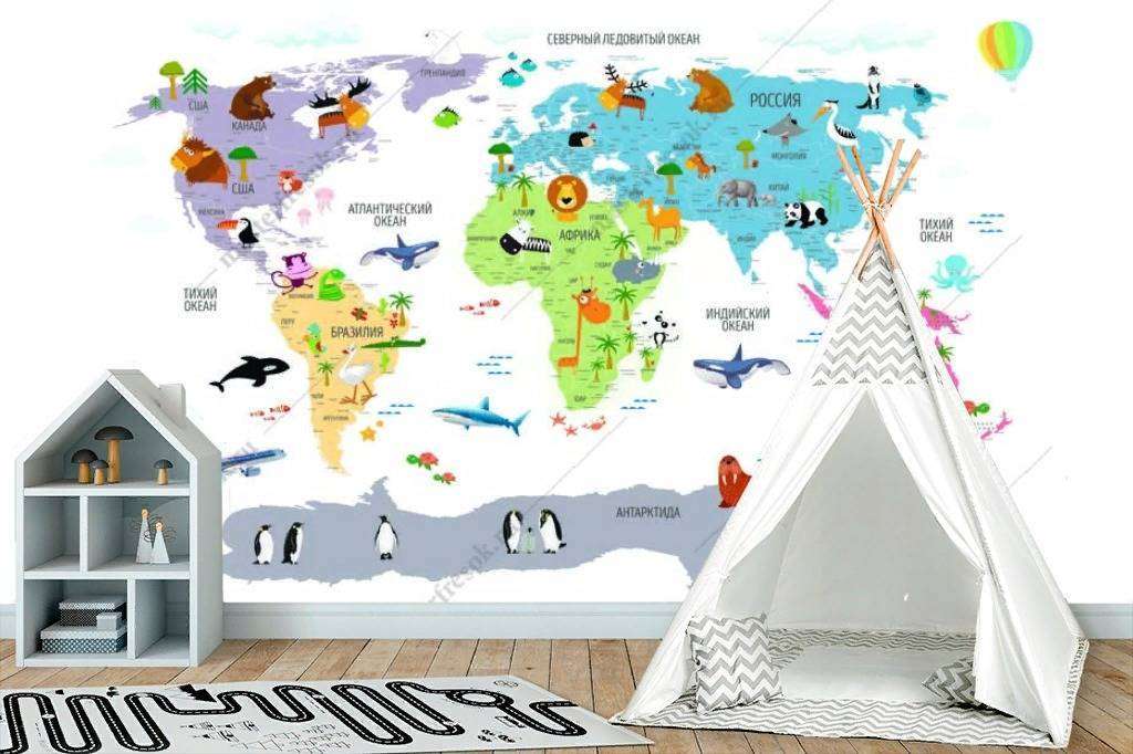 Фотообои в интерьере карта мира для малышей  12-1189 фото