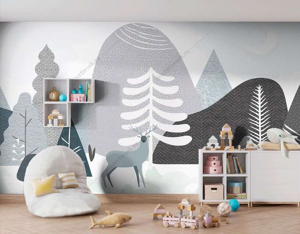 Фотообои в интерьере черно-белый сканди лес  14-515 фото