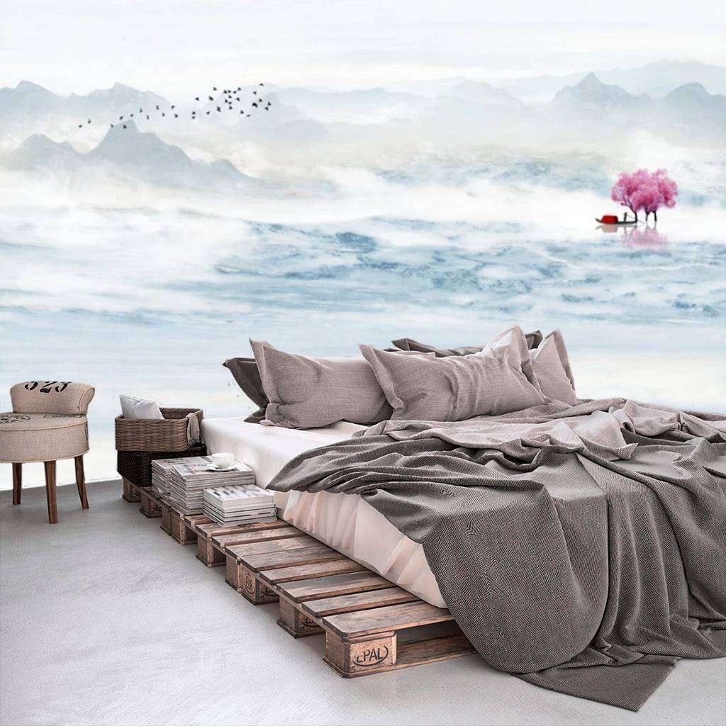 Фотообои в интерьере сакура на озере  15-658 фото