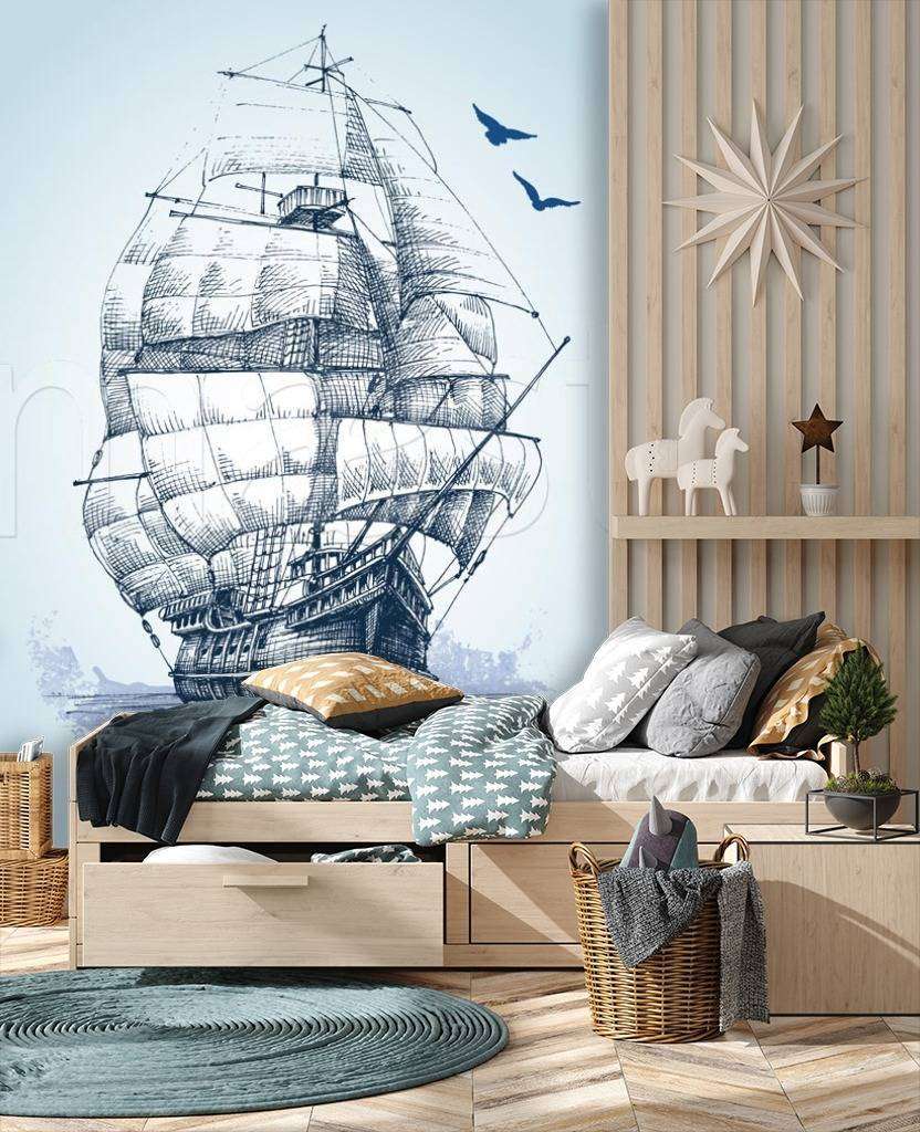 Фотообои в интерьере корабль в море акварелью  12-367 фото