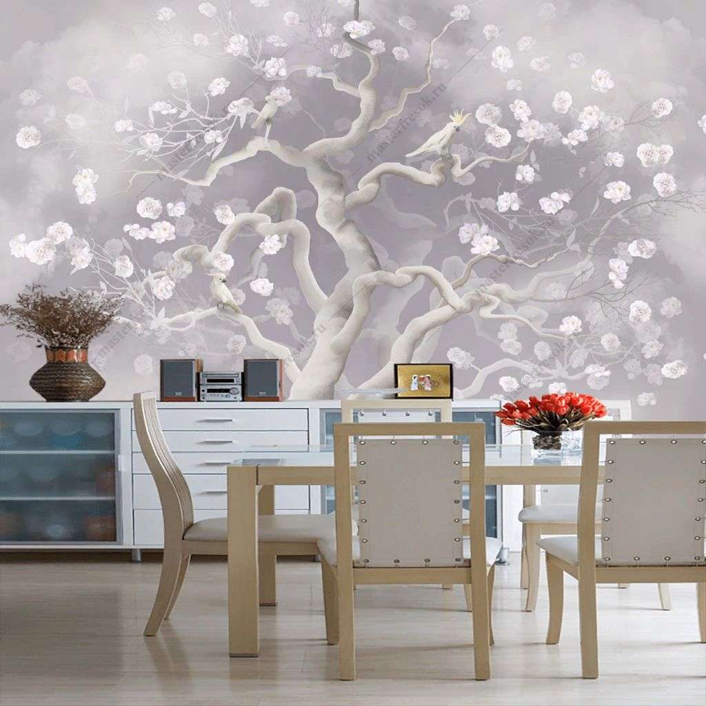 Фотообои в интерьере дерево с попугаями какаду  13-590 фото