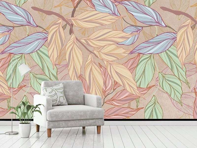 Фотообои в интерьере в спальню веточки с листьями разноцветные  9-1976 фото