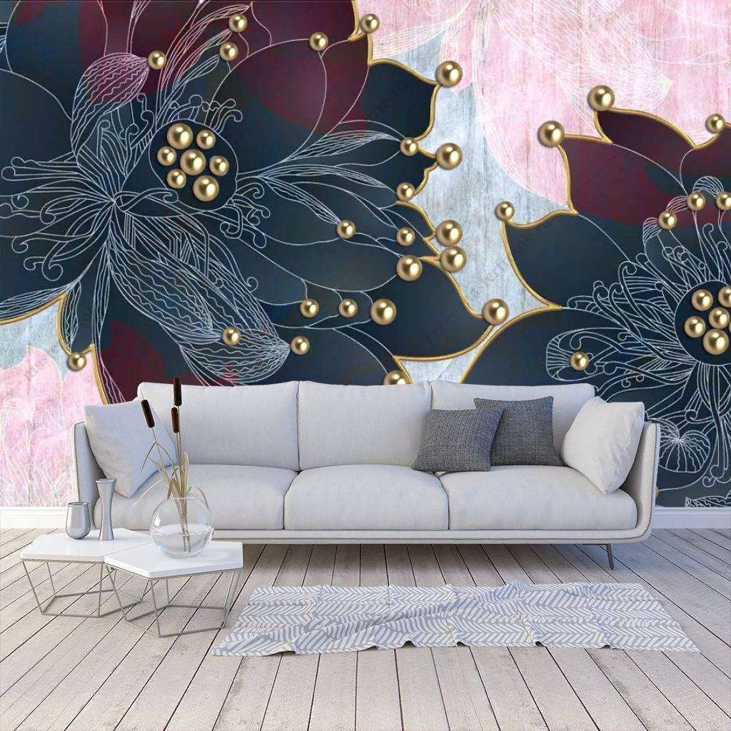Фотообои в интерьере 3д синие яркие цветы  10-840 фото