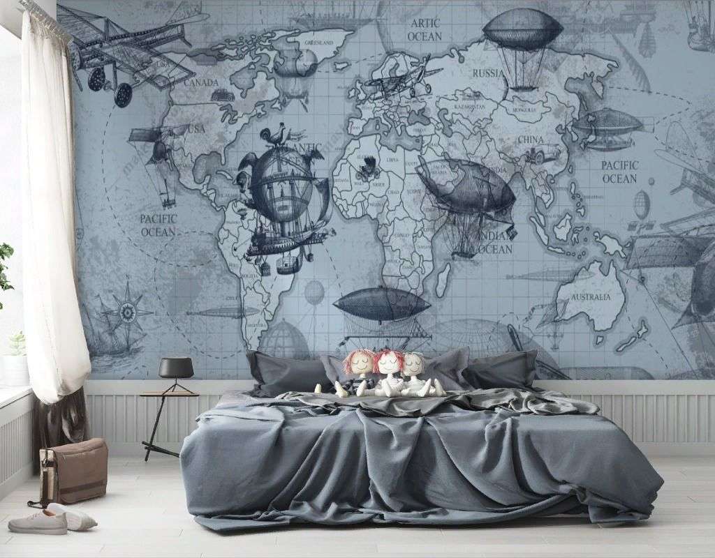 Фотообои в интерьере карта мира с летающими аппаратами  9-1697 фото
