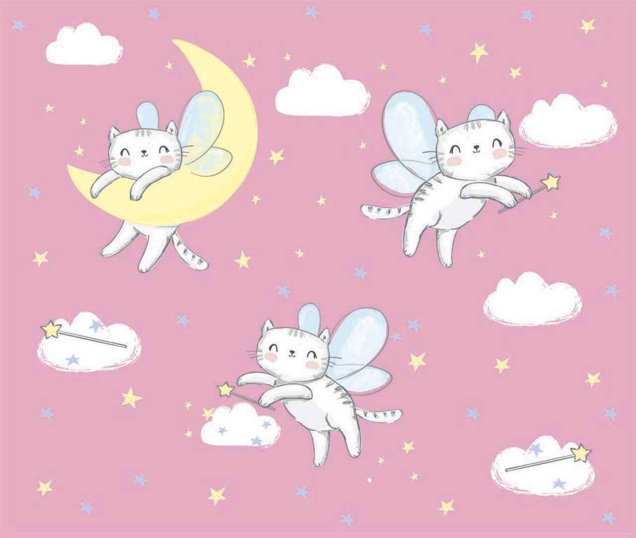Фотообои в интерьере кошки-феи парят над облаками на розовом фоне  12-413 фото