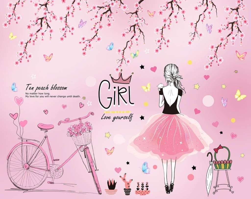 Фотообои в интерьере девочка с велосипедом на розовом фоне  14-273 фото