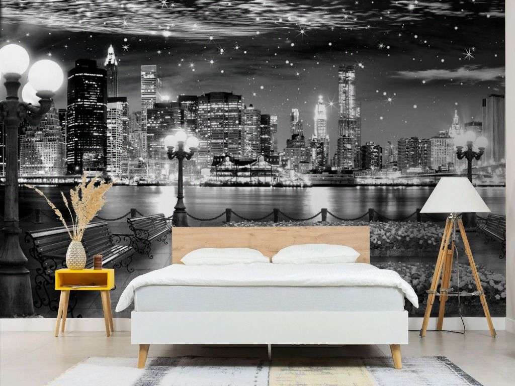 Фотообои в интерьере вид на ночную набережную  19-0031 фото