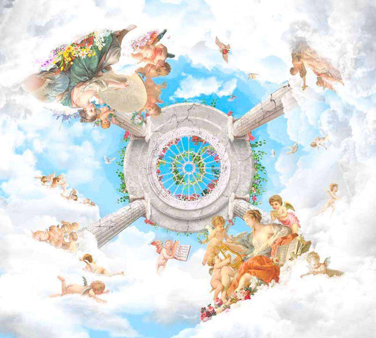 Фотообои в интерьере потолочный сюжет с ангелами  11-142 фото