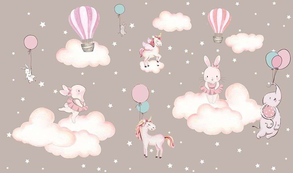 Фотообои в интерьере зайчики на облаках  12-1492 фото