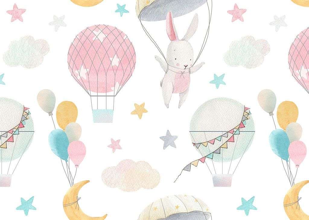 Фотообои в интерьере воздушные шары и зайцы  12-737 фото