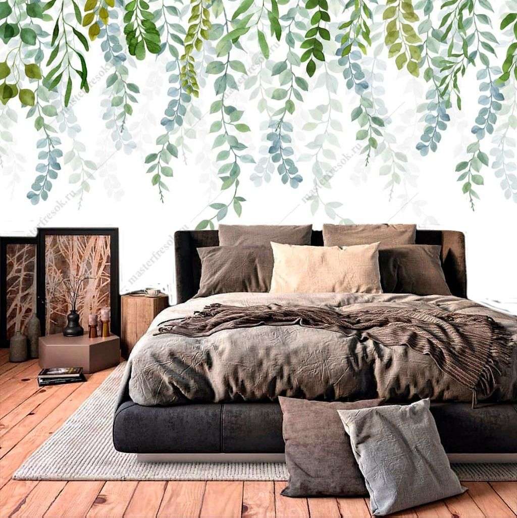 Фотообои в интерьере акварельные нависающие ветки  14-292 фото