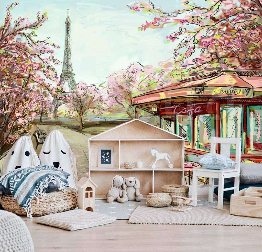 Фотообои в интерьере улочка в париже с видом на эйфелеву башню карандашами  9-774 фото