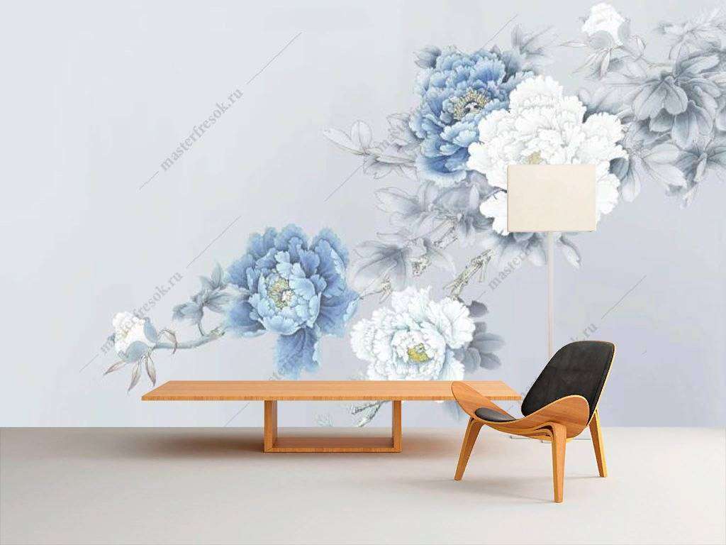 Фотообои в интерьере голубые пионы  15-907 фото
