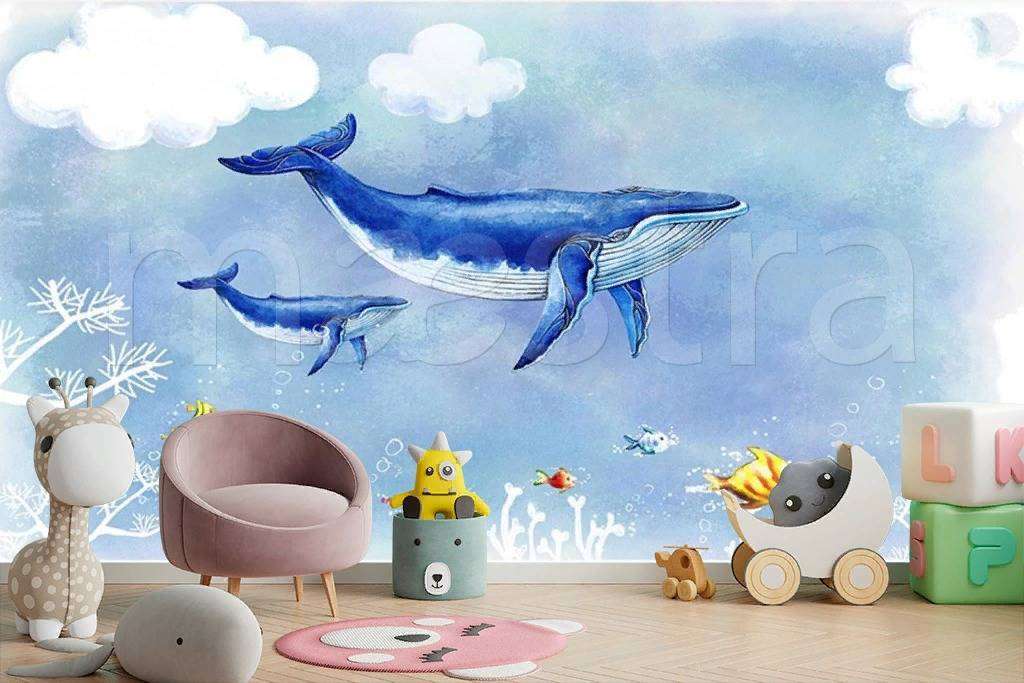 Фотообои в интерьере киты в облаках  15-056 фото