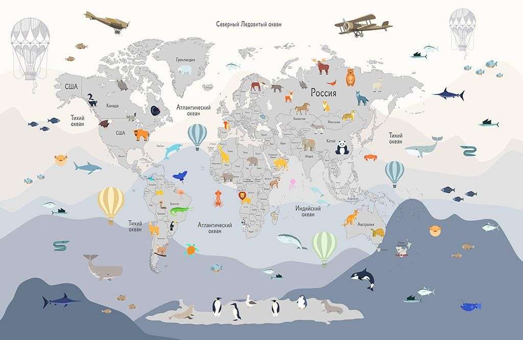 Фотообои в интерьере карта мира с животными  14-330 фото