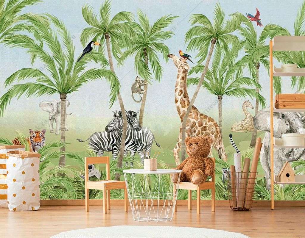 Фотообои в интерьере жирафы и пальмы  12-1498 фото