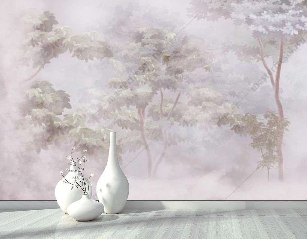 Фотообои в интерьере лес туманным утром  13-473 фото