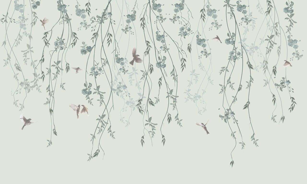 Фотообои в интерьере ветви сверху и птички  13-711 фото