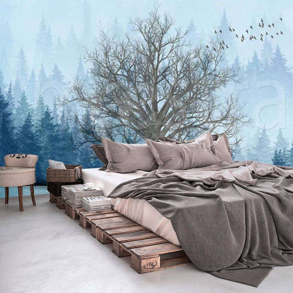 Фотообои в интерьере дерево в голубом лесу  15-531 фото