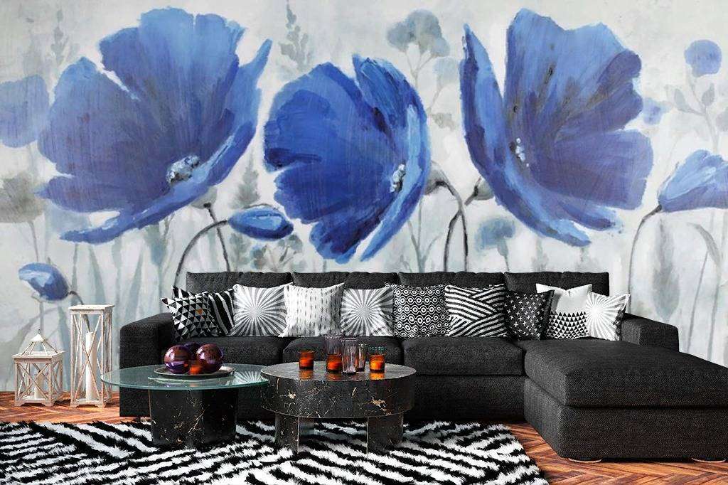 Фотообои в интерьере голубые маки  15-742 фото