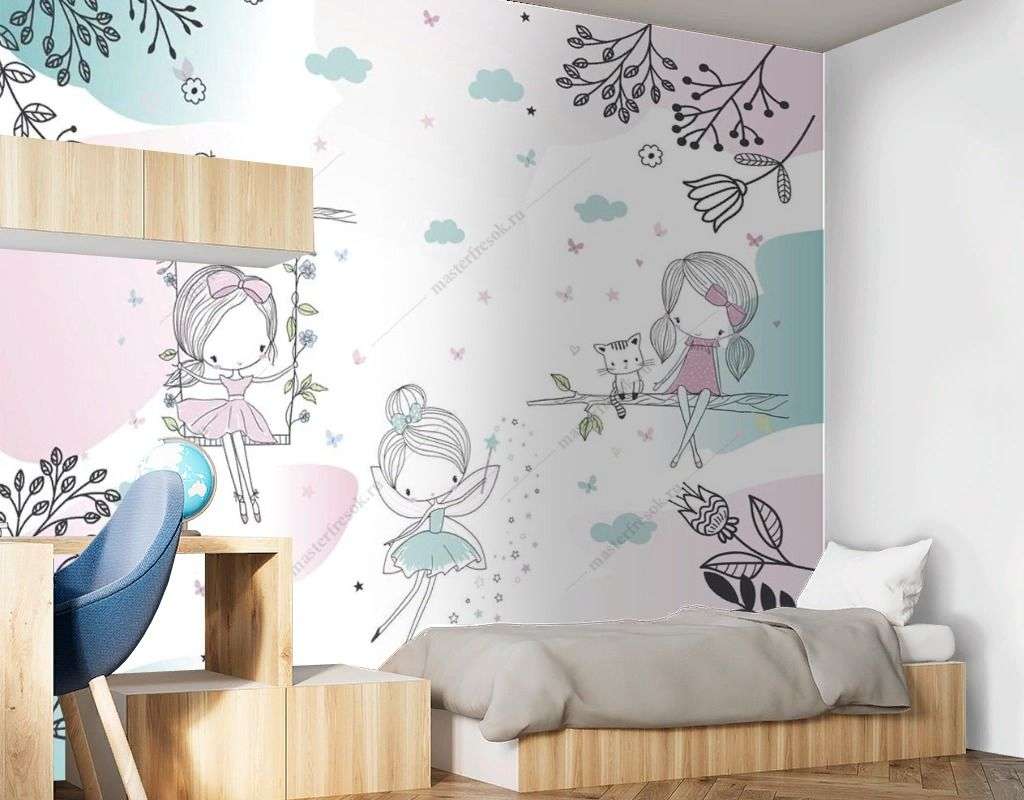 Фотообои в интерьере три феи на прогулке  14-639 фото