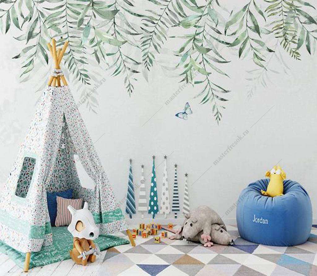 Фотообои в интерьере бабочки в листьях  16-182 фото