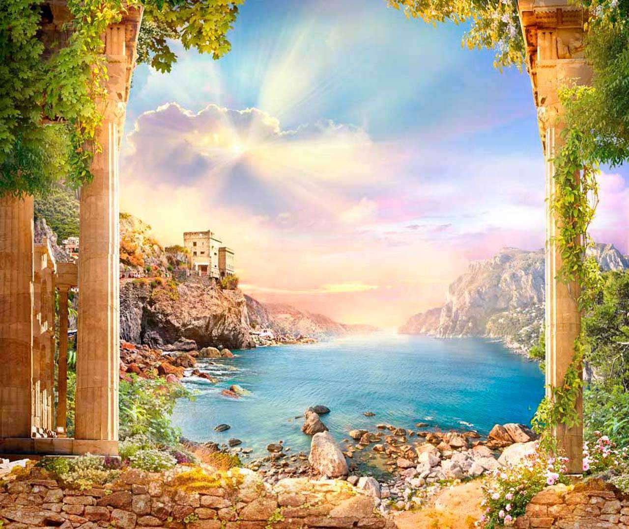 Фотообои в интерьере лучи солнца в морской бухте  11-116 фото