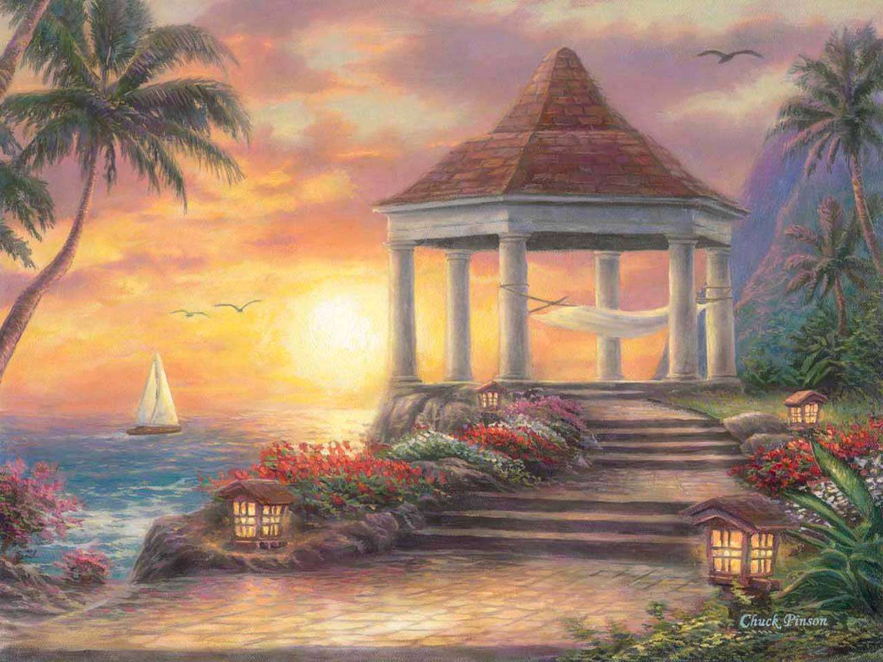 Фотообои в интерьере беседка на фоне заката в море  8-156 фото