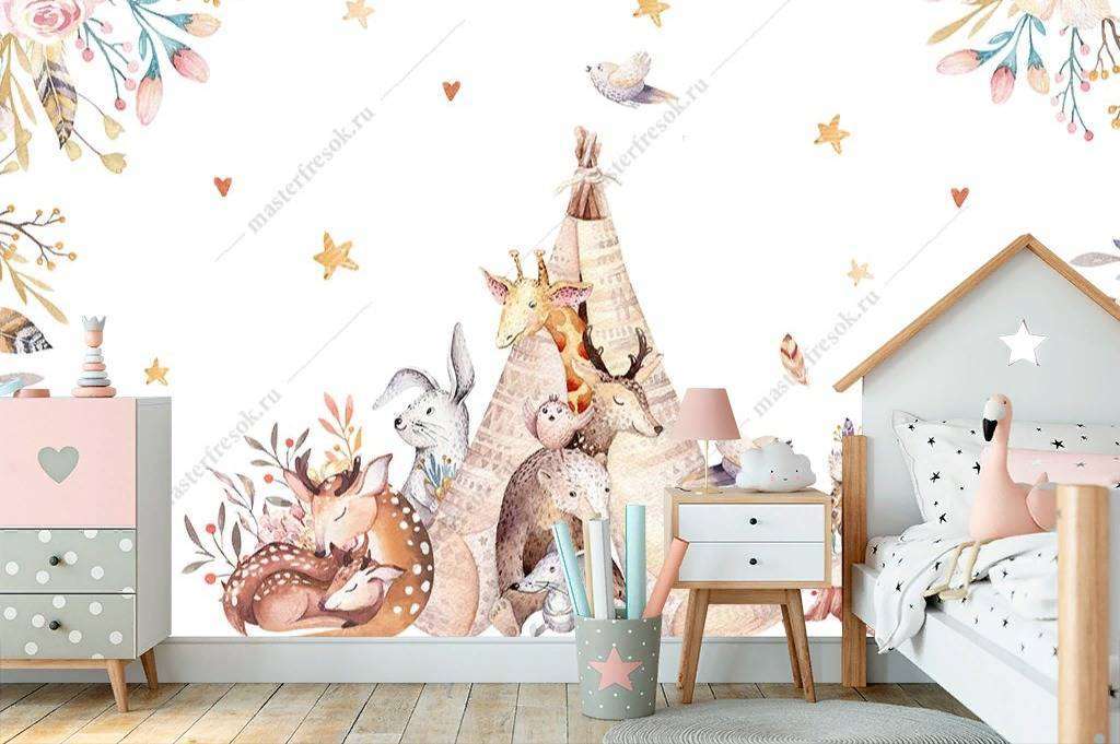 Фотообои в интерьере зверята на поляне  14-061 фото