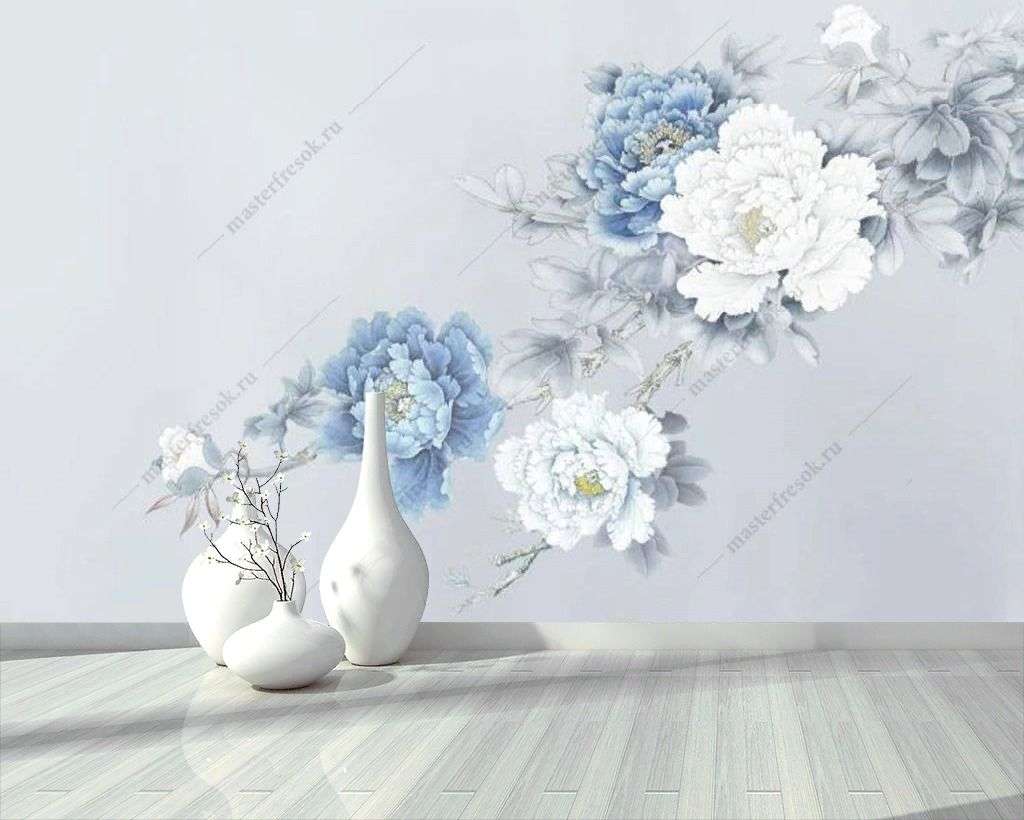 Фотообои в интерьере голубые пионы  15-907 фото