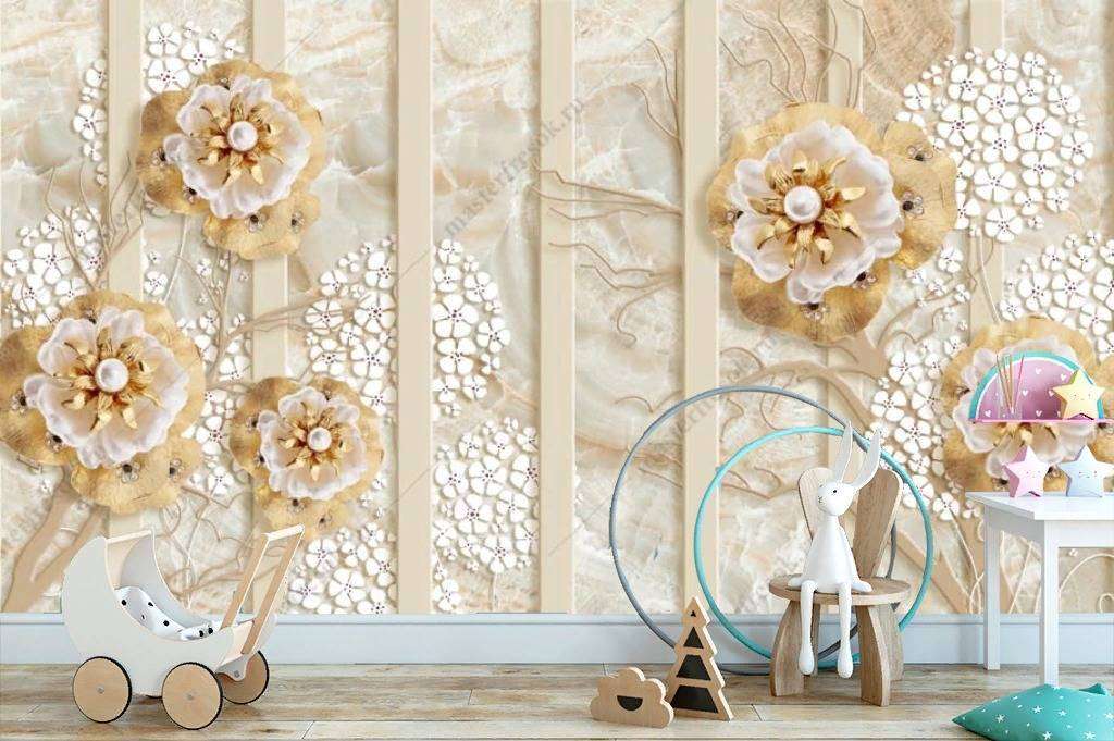 Фотообои в интерьере 3д золотое дерево с цветами  10-842 фото