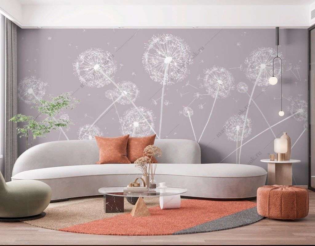 Фотообои в интерьере одуванчики на розовом фоне  14-527 фото