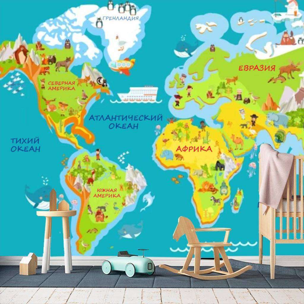 Фотообои Бесшовные обои на стену:  Карта мира на русском. Артикул: 15-279  