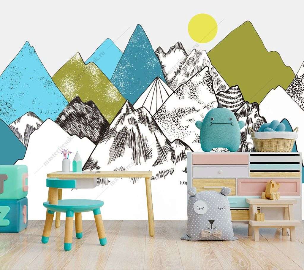 Фотообои в интерьере разноцветные горы для мальчика  14-205 фото